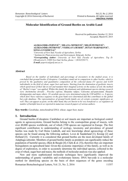 Molecular Identification of Ground Beetles on Arable Land 1