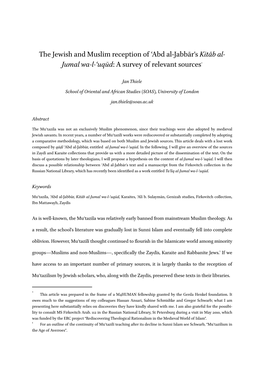 The Jewish and Muslim Reception of ʿabd Al-Jabbār’S Kitāb Al- Jumal Wa-L-ʿuqūd: a Survey of Relevant Sources*