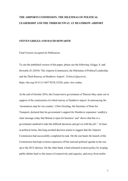 1 the Airports Commission, the Dilemmas of Political Leadership and the Third Runway at Heathrow Airport Steven Griggs and David