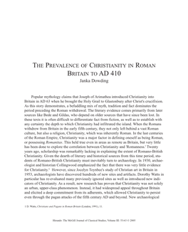 Janka Dowding, the Prevalence of Christianity in Roman Britain to AD
