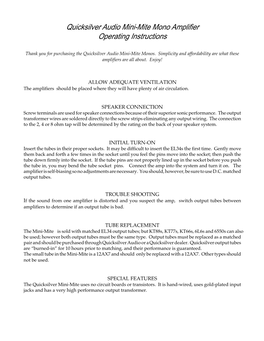 Quicksilver Audio Mini-Mite Mono Amplifier Operating Instructions