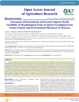 Open Access Journal of Agriculture Research Research Article Ayour J, Et Al