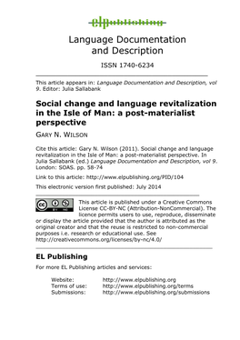 Social Change and Language Revitalization in the Isle of Man: a Post-Materialist Perspective