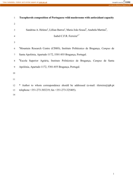 Tocopherols Composition of Portuguese Wild Mushrooms with Antioxidant Capacity Sandrina A. Helenoa, Lillian Barrosa, Maria Jo