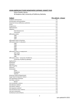 ASIAN AMERICAN STUDIES NEWSPAPER CLIPPINGS: SUBJECT FILES Ethnic Studies Library 30 Stephens Hall, University of California, Berkeley