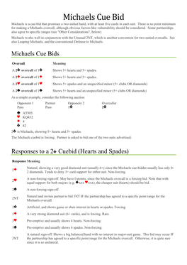 Michaels Cue Bid Michaels Is a Cue-Bid That Promises a Two-Suited Hand, with at Least Five Cards in Each Suit