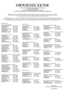 OBWIESZCZENIE POWIATOWEJ KOMISJI WYBORCZEJ W KOŃSKICH Z Dnia L Października 2018 R