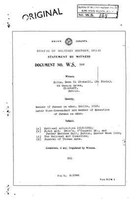 ROINN COSANTA BUREAU of MILITARY HISTORY, 1913-21 STATEMENT by WITNESS DOCUMENT NO. W.S. 568 Witness Eilis, Bean Ulchonaill