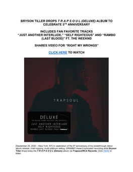 Bryson Tiller Drops T R a P S O U L (Deluxe) Album to Celebrate 5Th Anniversary Includes Fan Favorite Tracks “Just Another In