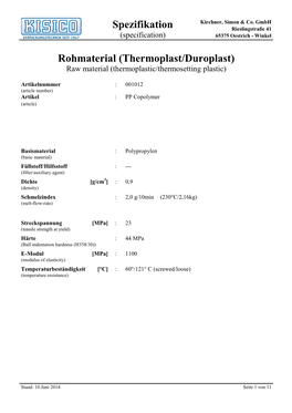 Spezifikation Rohmaterial (Thermoplast/Duroplast)