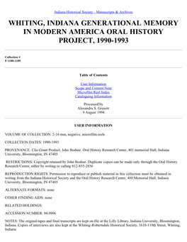 Whiting, Indiana Generational Memory in Modern America Oral History Project, 1990-1993