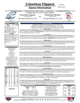 Columbus Clippers Game #38 Game Information Road Game #20