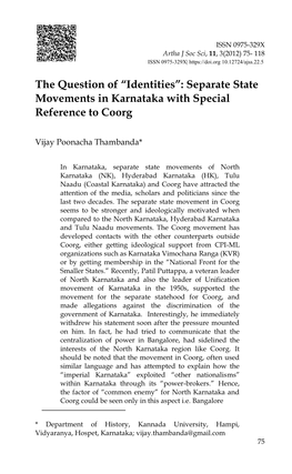 The Question of “Identities”: Separate State Movements in Karnataka with Special Reference to Coorg