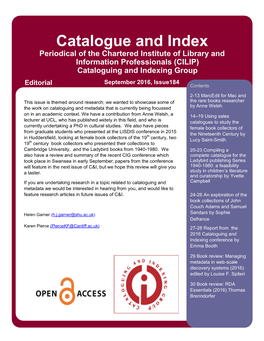 Cataloguing and Indexing Group September 2016, Issue184 Editorial Contents