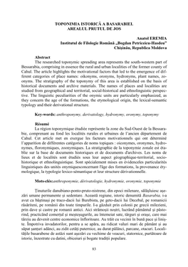TOPONIMIA ISTORICĂ a BASARABIEI. AREALUL PRUTUL DE JOS Anatol EREMIA Institutul De Filologie Română „Bogdan Petriceicu-Hasd