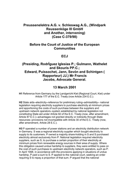 Preussenelektra A.G. V. Schleswag A.G., (Windpark Reussenköge III Gmbh and Another, Intervening) (Case C-379/98)