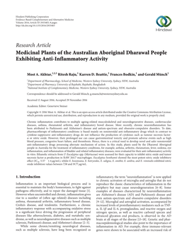 Medicinal Plants of the Australian Aboriginal Dharawal People Exhibiting Anti-Inflammatory Activity