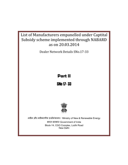 List of Manufacturers Empanelled Under Captital Subsidy Scheme Implemented Through NABARD As on 20.03.2014