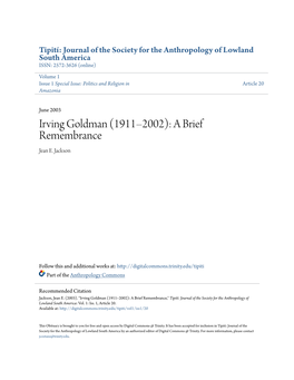 Irving Goldman (1911–2002): a Brief Remembrance Jean E