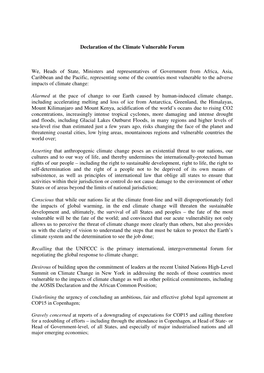 Declaration of the Climate Vulnerable Forum We, Heads of State