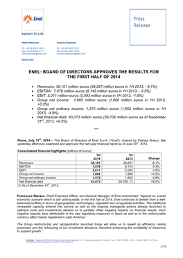 Enel: Board of Directors Approves the Results for the First Half of 2014