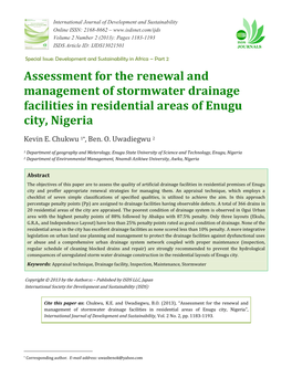 Assessment for the Renewal and Management of Stormwater Drainage Facilities in Residential Areas of Enugu City, Nigeria
