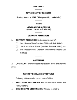 LOK SABHA ___REVISED LIST of BUSINESS Friday, March 9