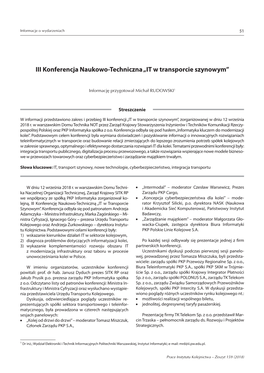 III Konferencja Naukowo-Techniczna „IT W Transporcie Szynowym”