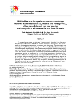 Middle Miocene Decapod Crustacean Assemblage from the Tuzla Basin