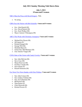 July 2011 Sunday Morning Talk Shows Data