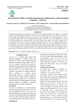 Aloe Barbadensis Miller a Valuable Ingredient for Traditional Uses and Toxicological Properties - a Review