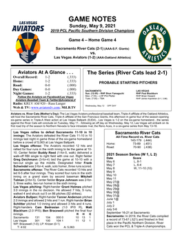 GAME NOTES Sunday, May 9, 2021