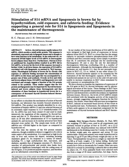 Stimulation of S14 Mrna and Lipogenesis in Brown Fat by Hypothyroidism, Cold Exposure, and Cafeteria Feeding: Evidence Supportin