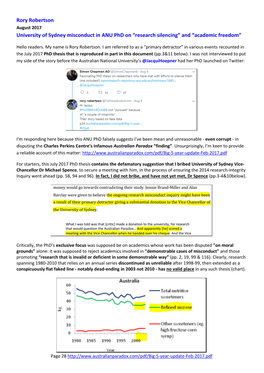 Rory Robertson University of Sydney Misconduct in ANU Phd On