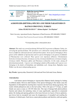 DIPTERA) SPECIES and THEIR PARASITOIDS in BATMAN PROVINCE, TURKEY Selime ÖLMEZ BAYHAN*1 Mehmet Kaplan2 Erol Bayhan1