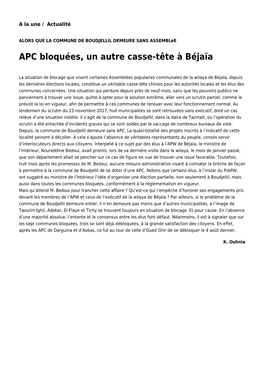 APC Bloquées, Un Autre Casse-Tête À Béjaïa