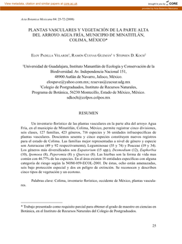 Plantas Vasculares Y Vegetación De La Parte Alta Del Ar Royo Agua Fría, Mu Nicipio De Mi Natitlán, Colima, México*