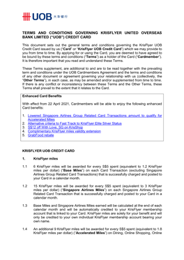 Terms and Conditions Governing Krisflyer United Overseas Bank Limited (“Uob”) Credit Card