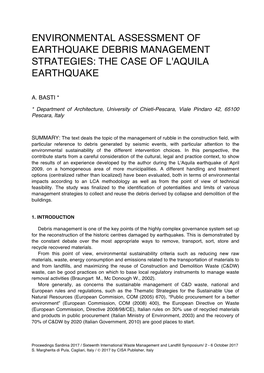 Environmental Assessment of Earthquake Debris Management Strategies: the Case of L'aquila Earthquake