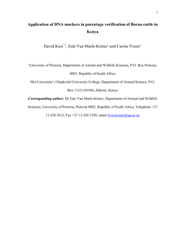 Application of DNA Markers in Parentage Verification of Boran Cattle in Kenya David Kios¹ 2, Estè Van Marle-Köster¹ and Cari