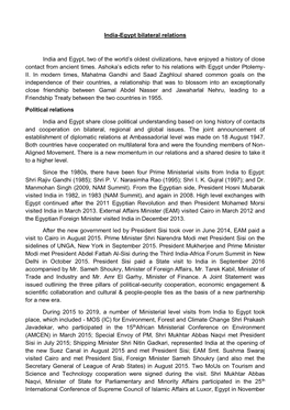 India-Egypt Bilateral Relations India and Egypt, Two of the World's Oldest Civilizations, Have Enjoyed a History of Close Cont