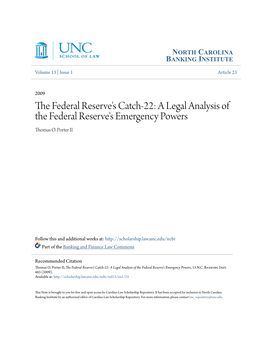 The Federal Reserve's Catch-22: a Legal Analysis of the Federal Reserve's Emergency Powers, 13 N.C