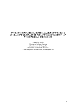Patrimonio Industrial, Revitalización Económica Y Compacidad Urbana En El Poblenou-22@Barcelona ¿Un Nuevo Modelo Barcelona?