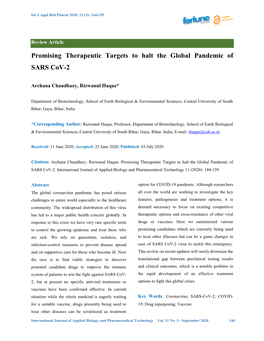 Promising Therapeutic Targets to Halt the Global Pandemic of SARS Cov-2