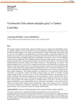 Viyolonselin Türk Makam Müziğine Girişi Ve Tanburi Cemil Bey