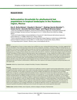 Research Article Deforestation Thresholds for Phyllostomid Bat Populations in Tropical Landscapes in the Huasteca Region, Mexico