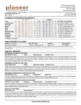 Current Standings/Rankings 2008 Gridiron Classic 2008 Pfl Awards