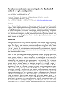 Recent Extensions to Native Chemical Ligation for the Chemical Synthesis of Peptides and Proteins