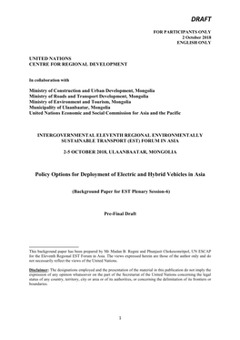 Policy Options for Deployment of Electric and Hybrid Vehicles in Asia