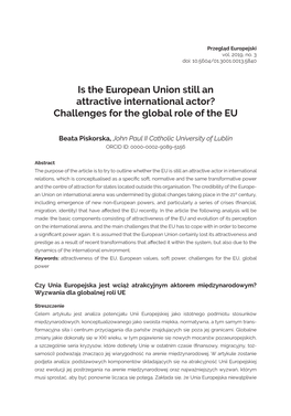 Is the European Union Still an Attractive International Actor? Challenges for the Global Role of the EU